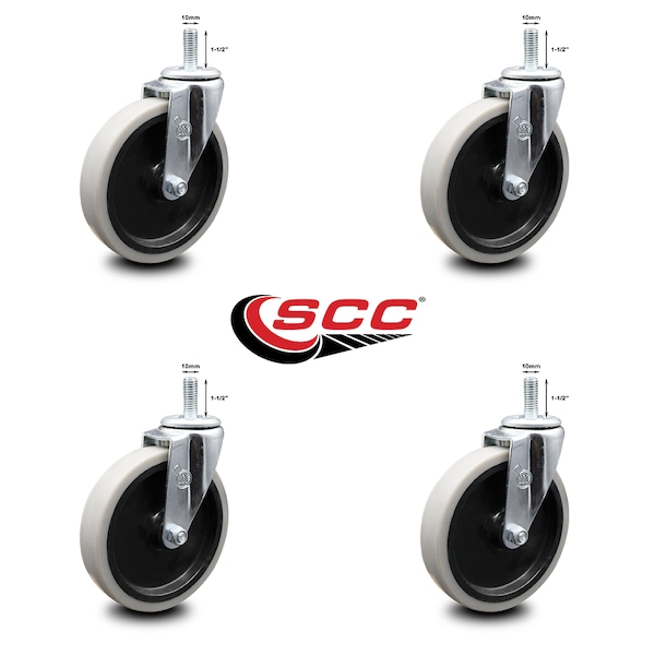 5 Inch Thermoplastic Rubber Wheel 10mm Threaded Stem Caster SCC, 4PK